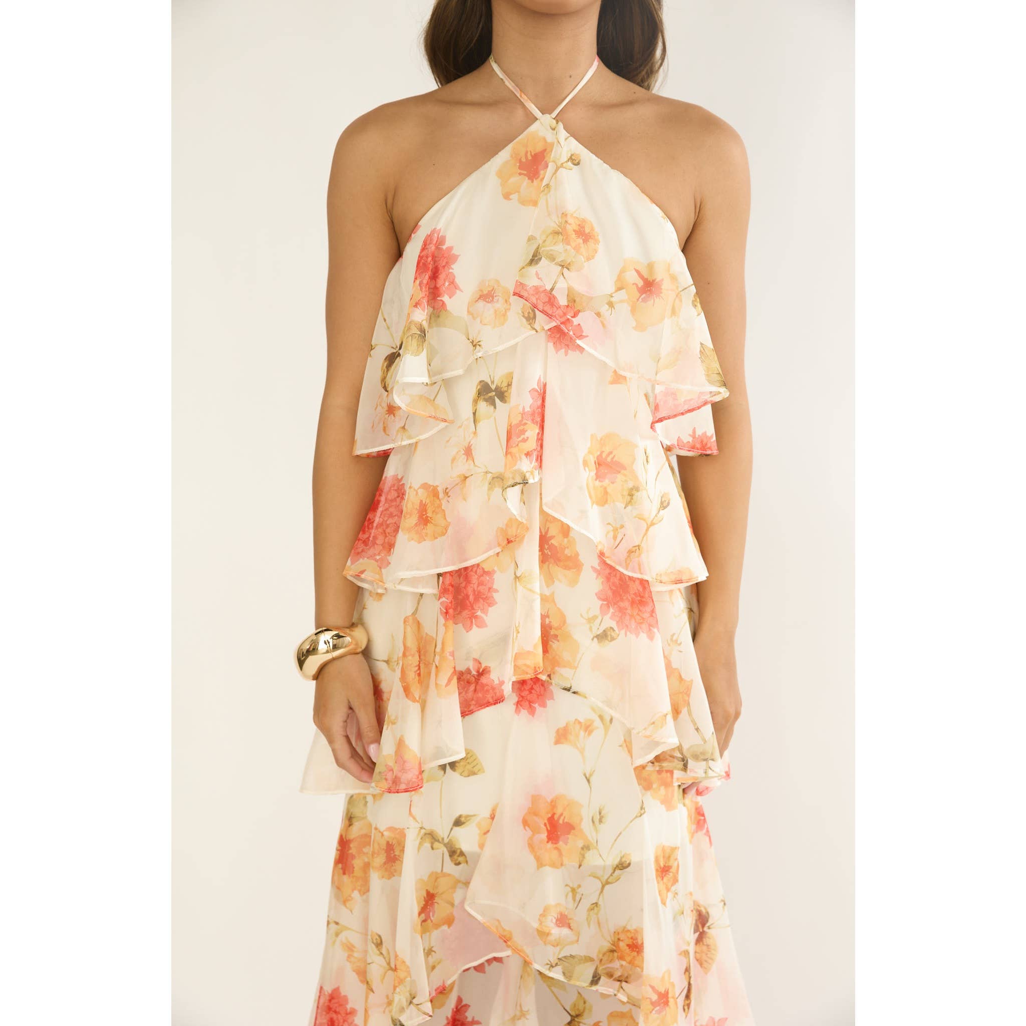 Orange Floral Halter Tiered Maxi Dress