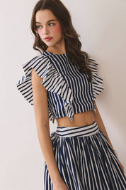 Striped Ruffle Sleeves Cropped Top