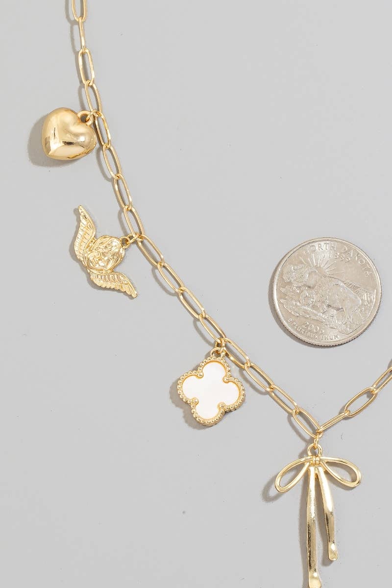 Heart Cross Angel Ribbon And Angel Charms Chain Necklace: GDWHT