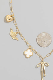 Heart Cross Angel Ribbon And Angel Charms Chain Necklace: GDWHT