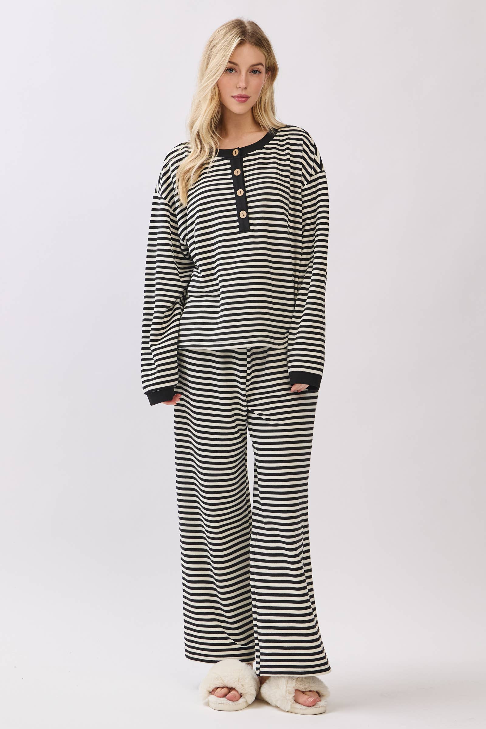 Striped Button Henley Brushed Lounge Set