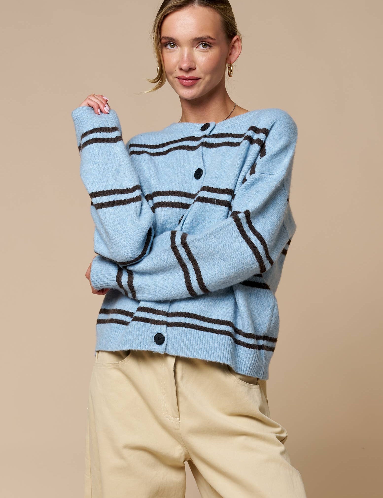 Light Blue Striped Button Cardigan showing brown contrasting stripes