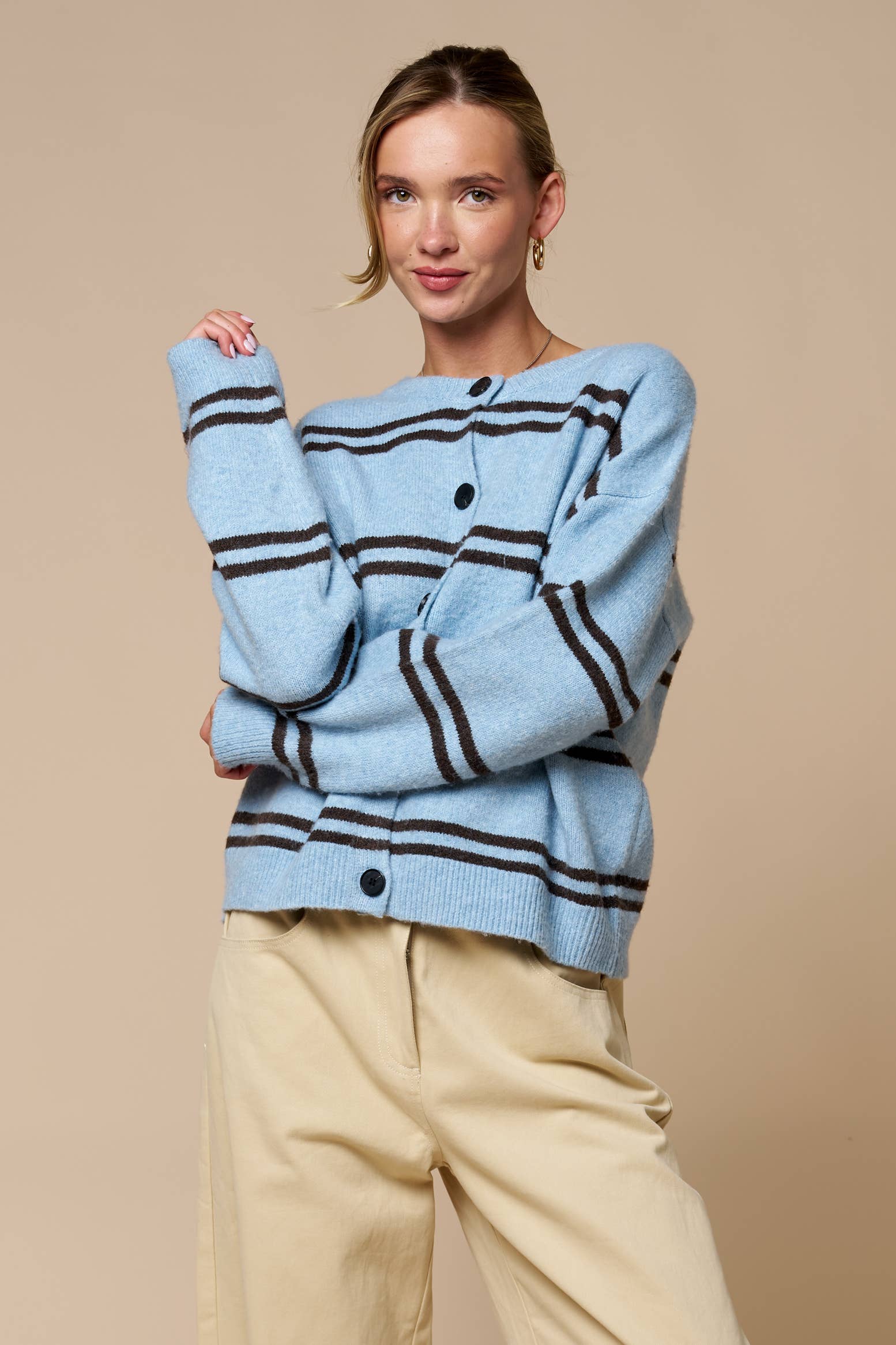 Light Blue Striped Button Cardigan