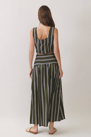 Green Striped Ruched Drop Waist Maxi Skirt