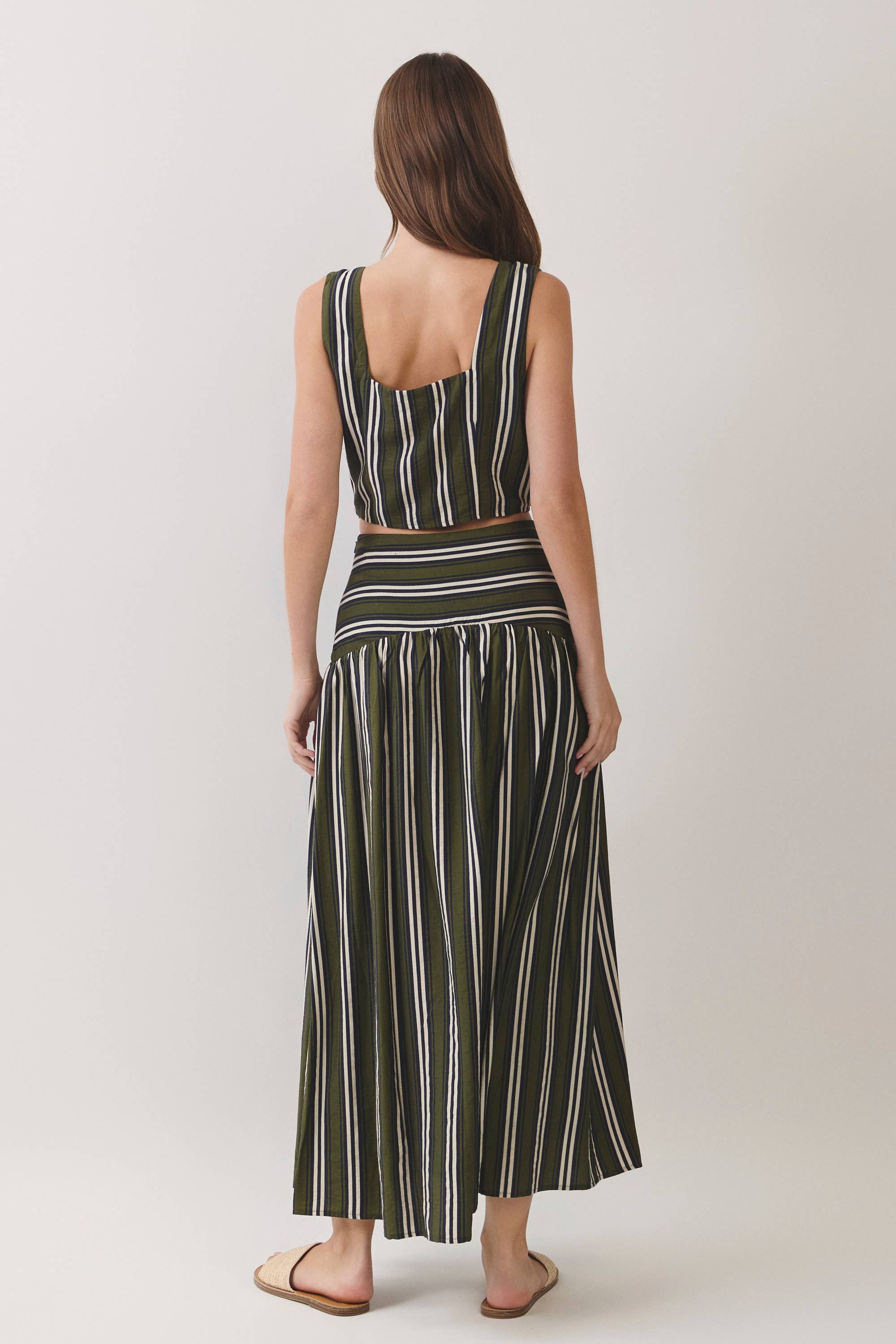 Green Striped Ruched Drop Waist Maxi Skirt