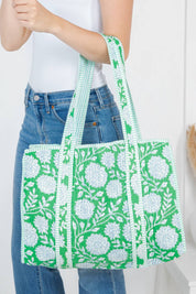 Green Floral Quilted Tote Bag