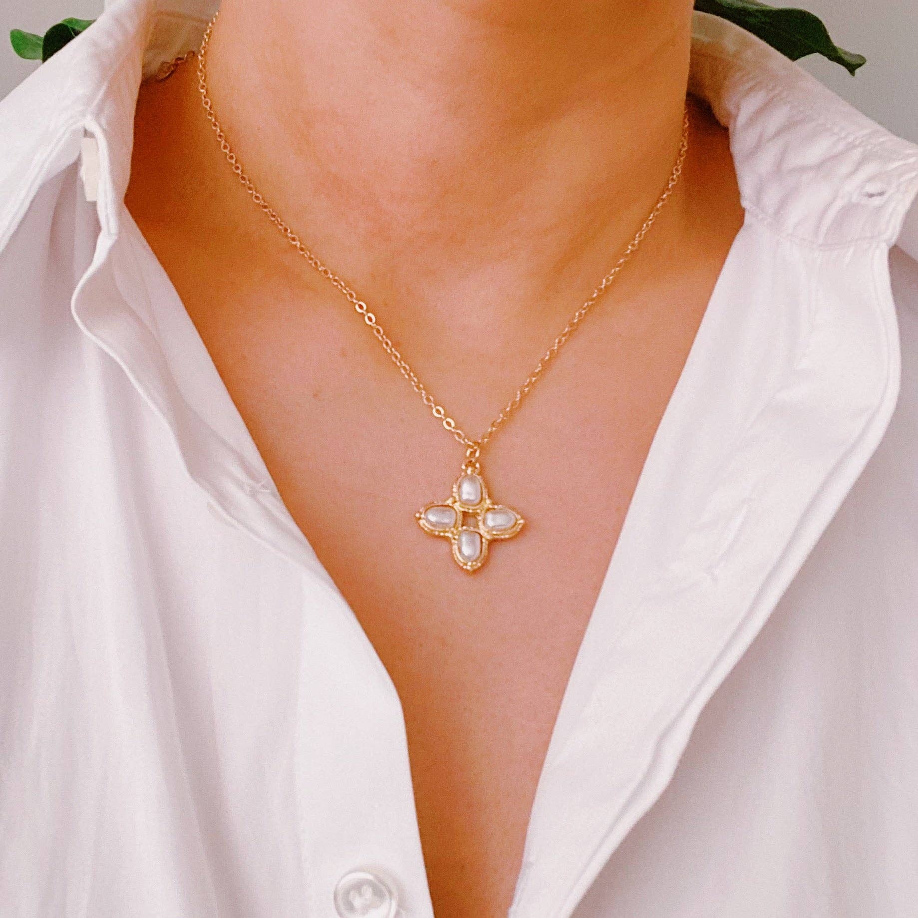 Square Pearl Cross Necklace — color: gold-tone chain with cream white pearls and fine cable chain