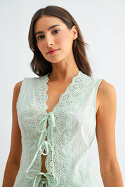 Green Eyelet Top and Skirt Set