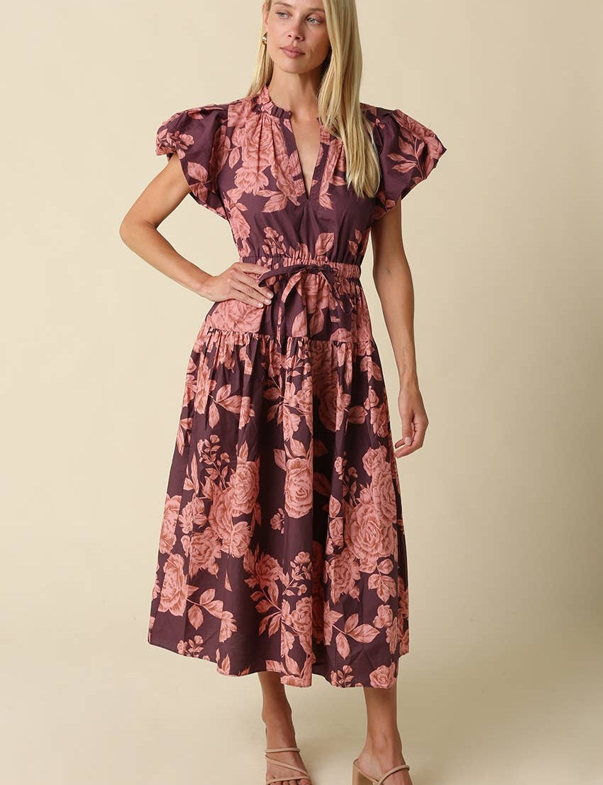 Purple & Pink Bubble Sleeve Floral Midi Dress showing floral