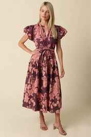 Purple & Pink Bubble Sleeve Floral Midi Dress showing floral
