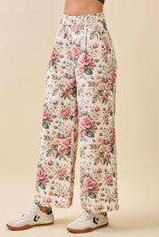Rose Print Wide Leg High Waist Pants