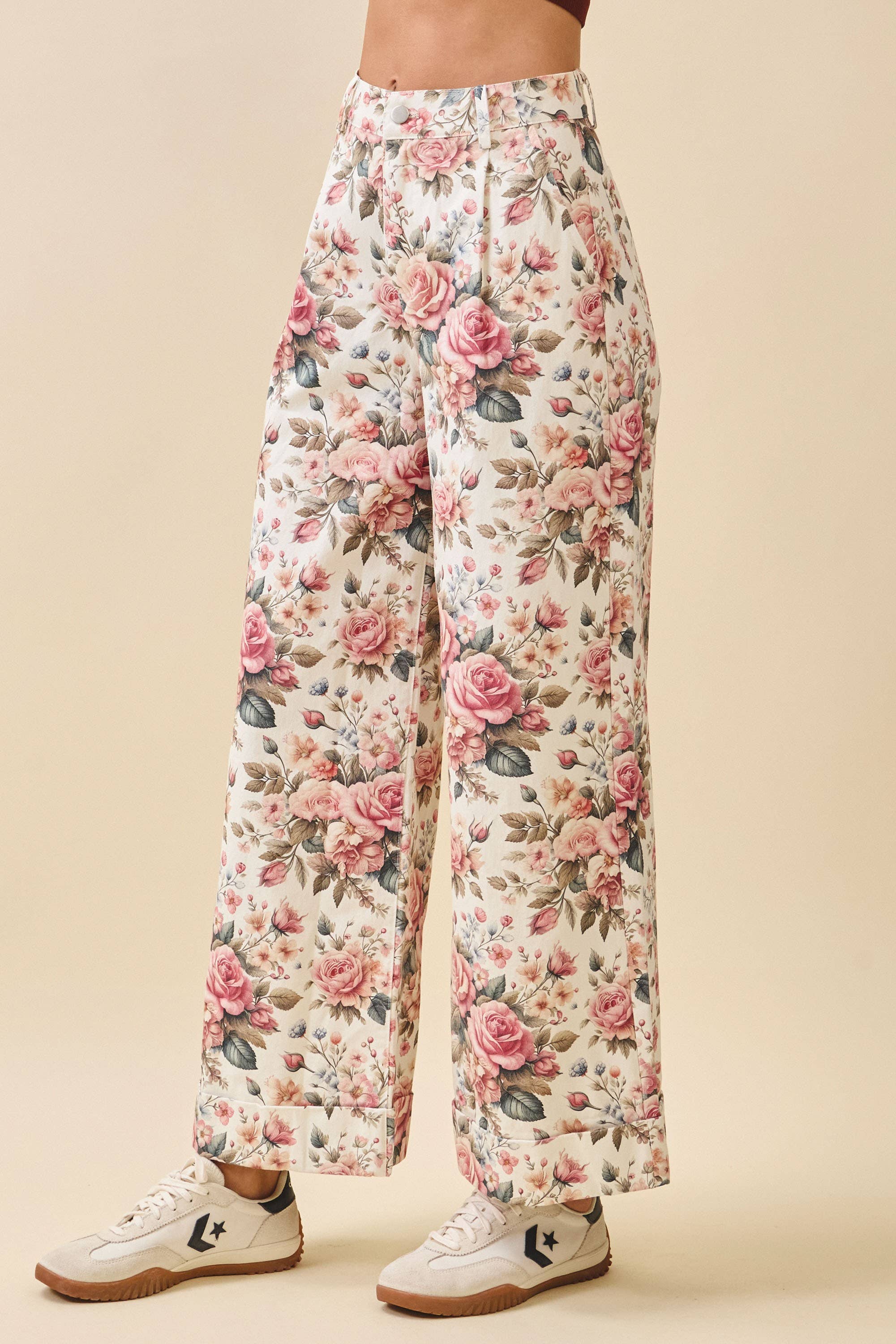 Rose Print Wide Leg High Waist Pants