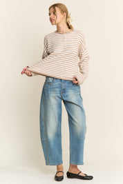 Oatmeal Striped Henley Knit Sweater