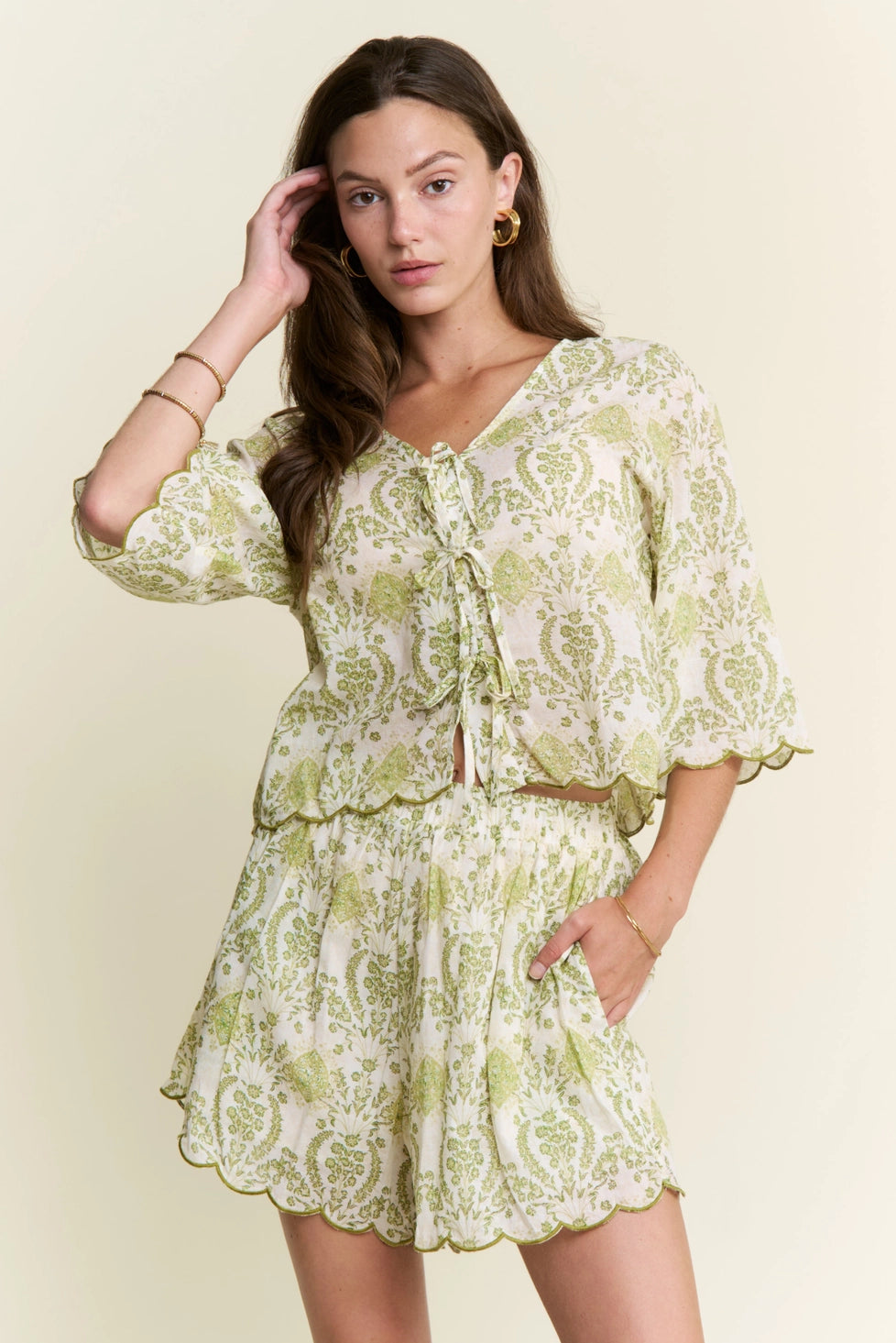 Green Floral Scallop Hem Set