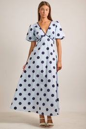Deep V-neck Maxi Dress With Bubble Sleeves