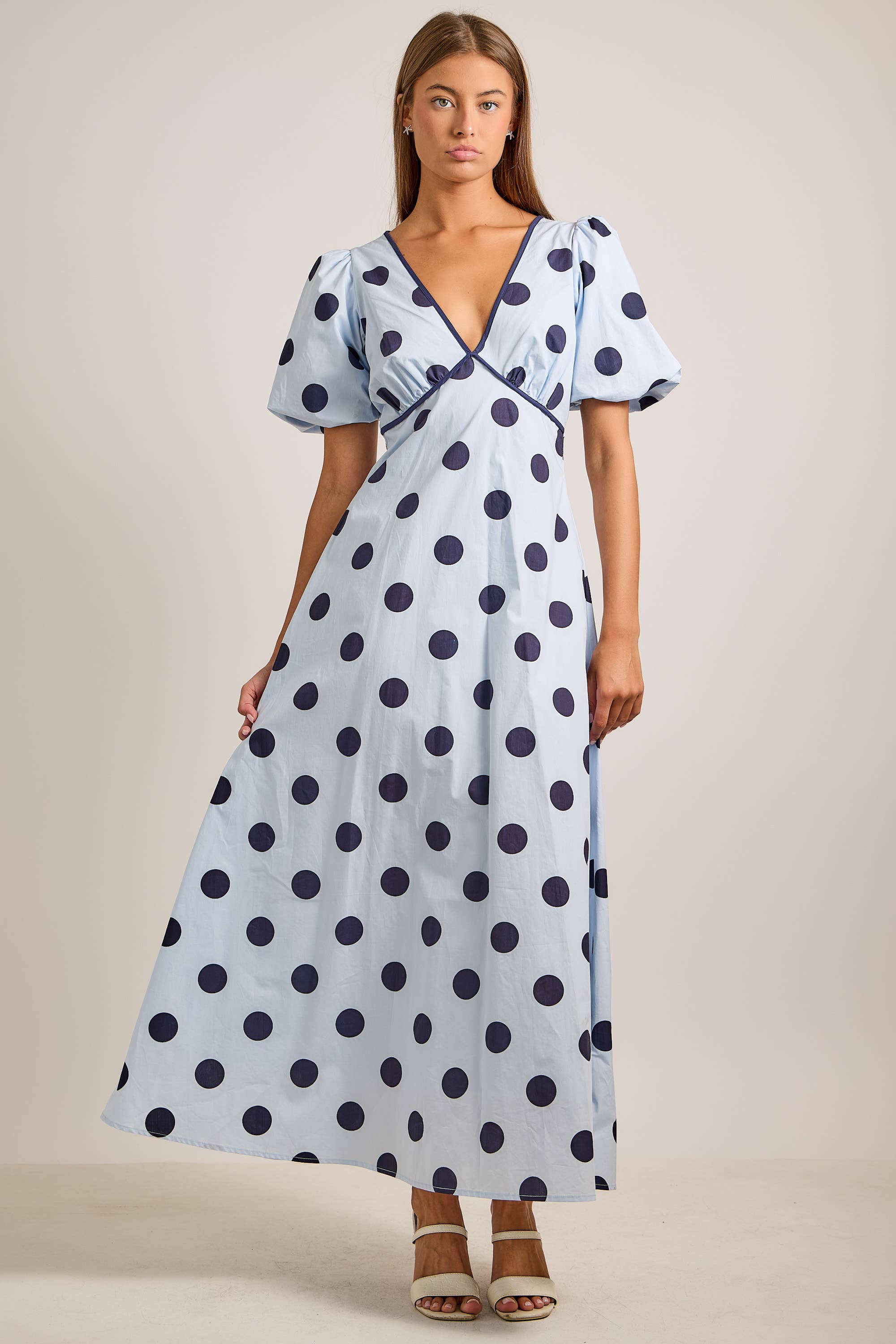Deep V-neck Maxi Dress With Bubble Sleeves