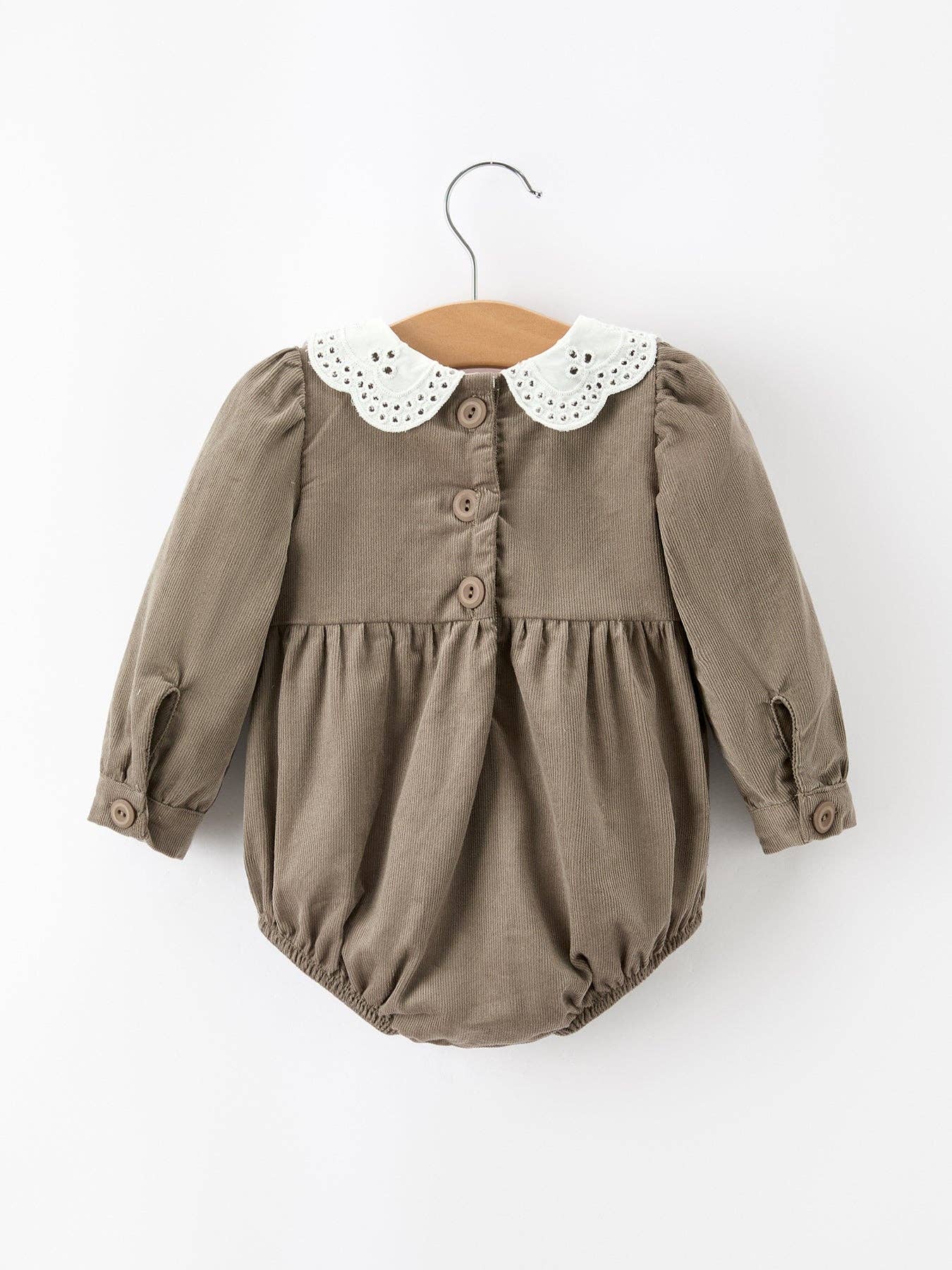 Pumpkin Smocked Eyelet Collar Romper showing colorful pumpkin embroidery across the smocked chest
