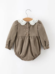 Pumpkin Smocked Eyelet Collar Romper showing colorful pumpkin embroidery across the smocked chest