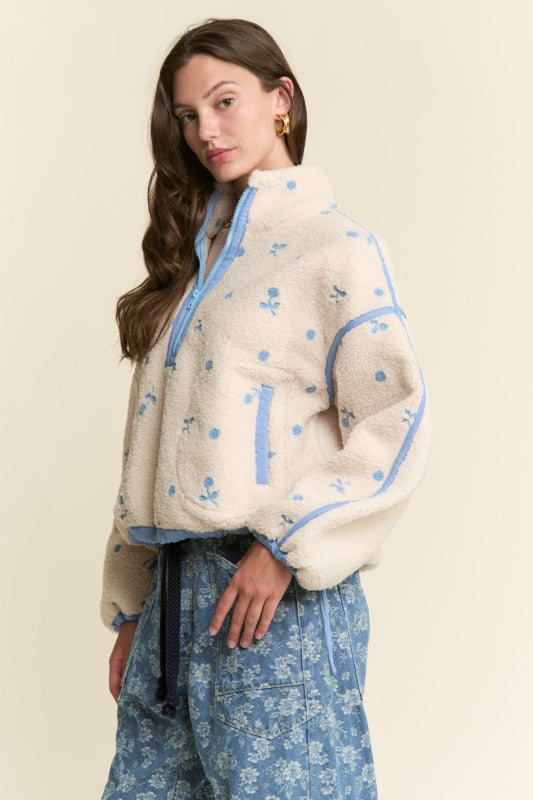 Floral Print Sherpa Zipper Pullover