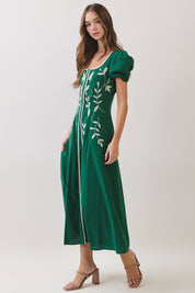 Green Embroidered Puff Sleeve Midi Dress