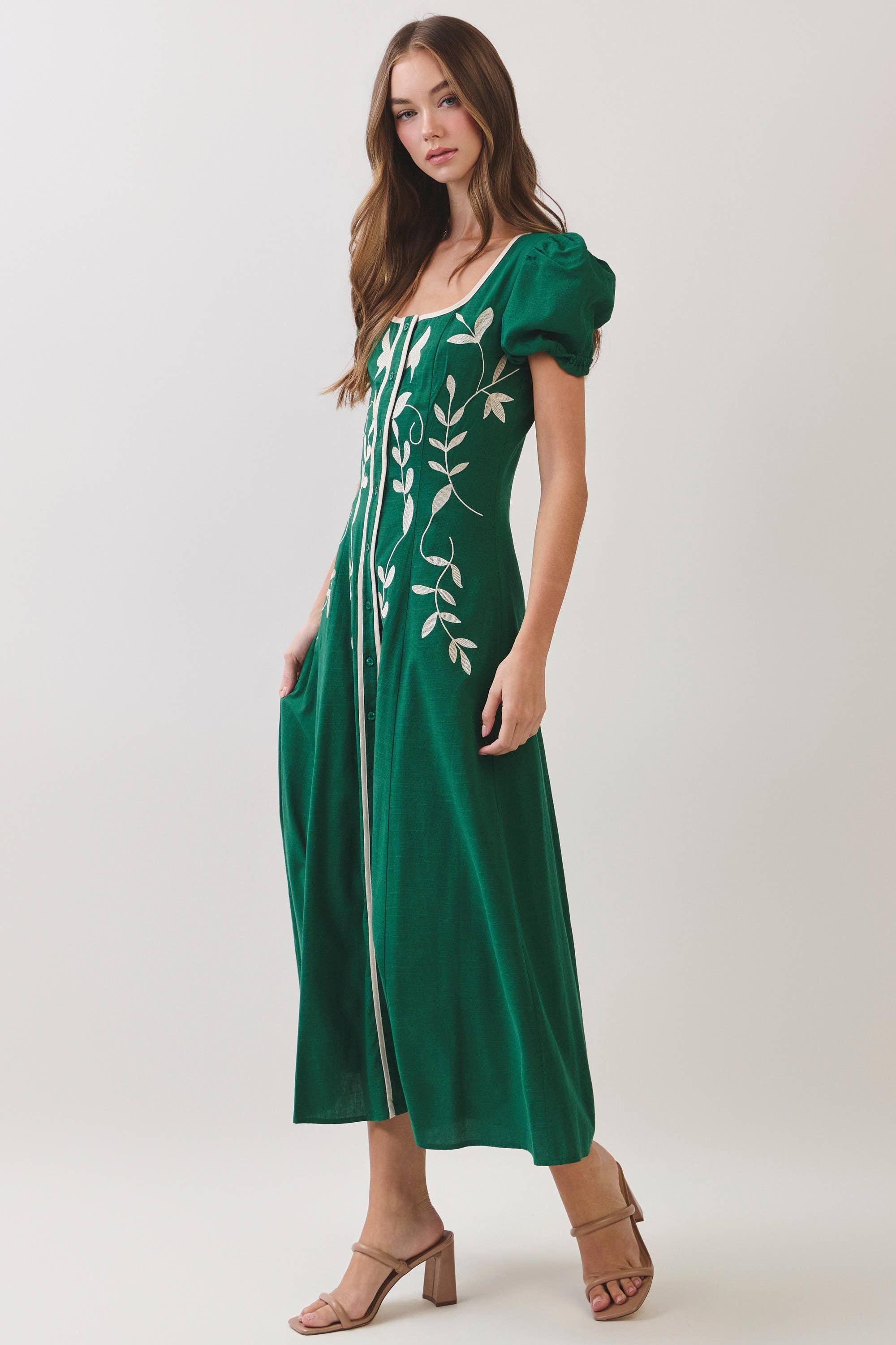 Green Embroidered Puff Sleeve Midi Dress