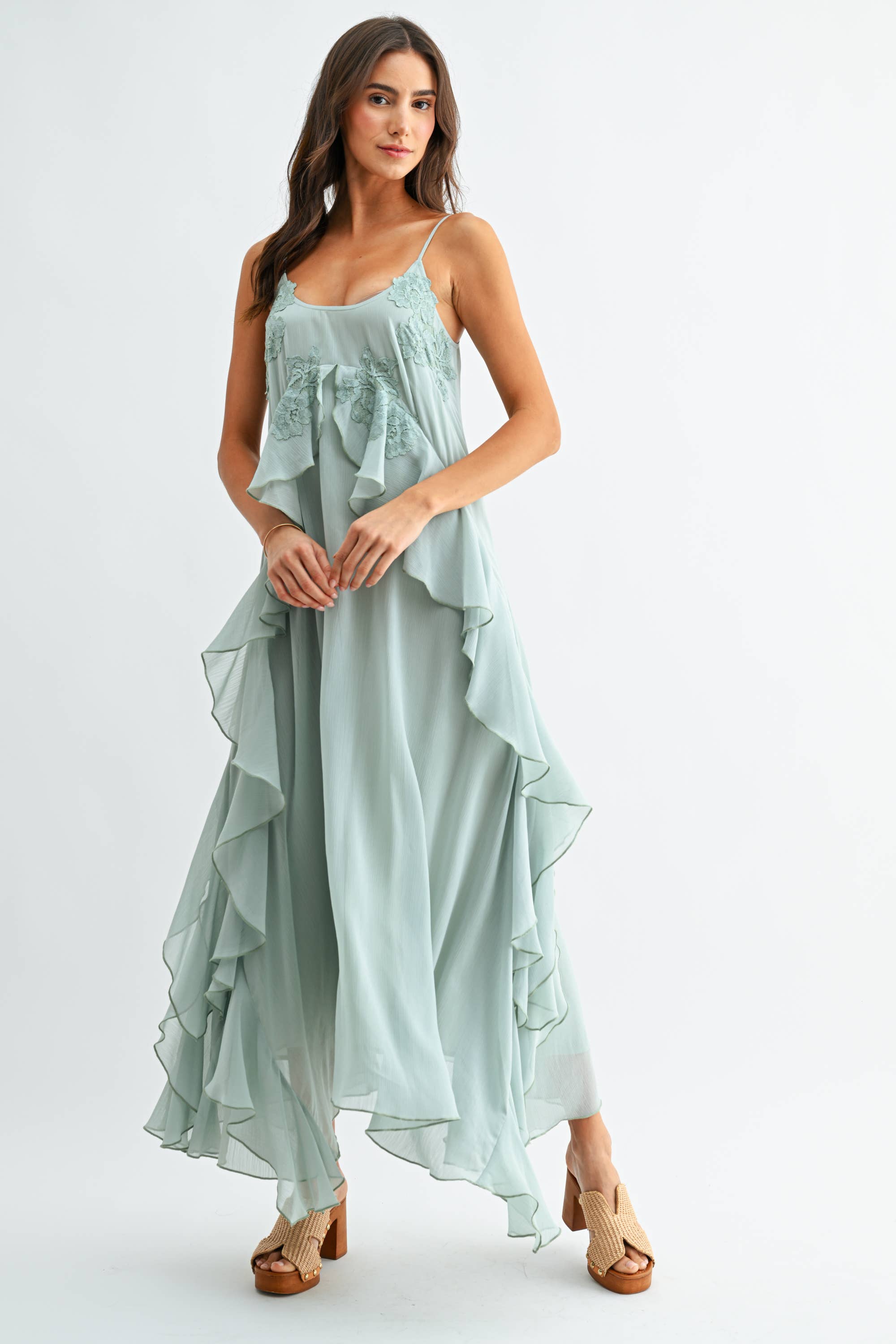 Mint Green Chiffon Maxi Dress with Floral Embroidery