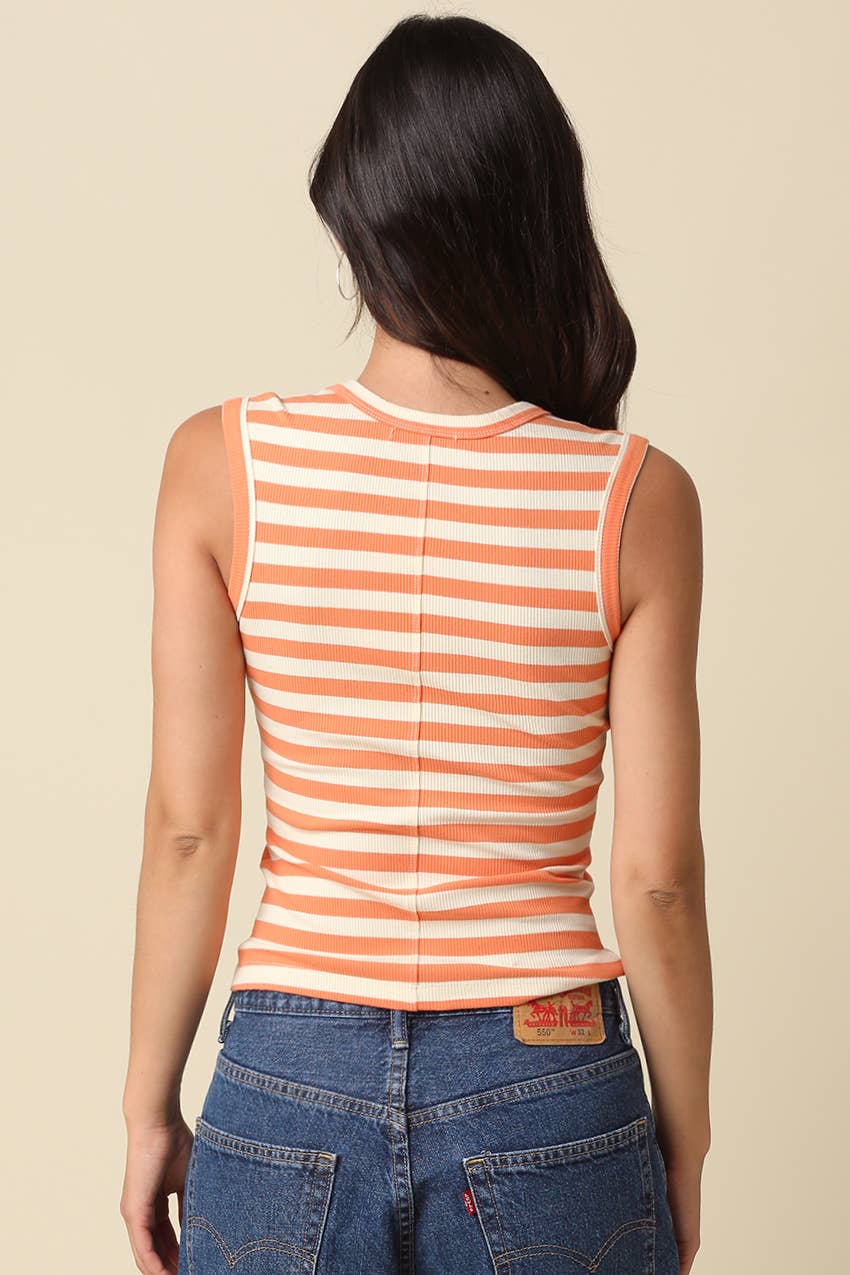 Orang & White Striped V-Neck Tank Top