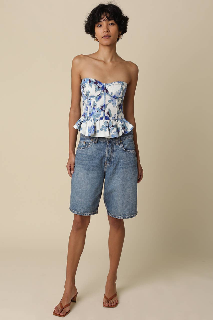 Blue & White Floral Peplum Tube Top