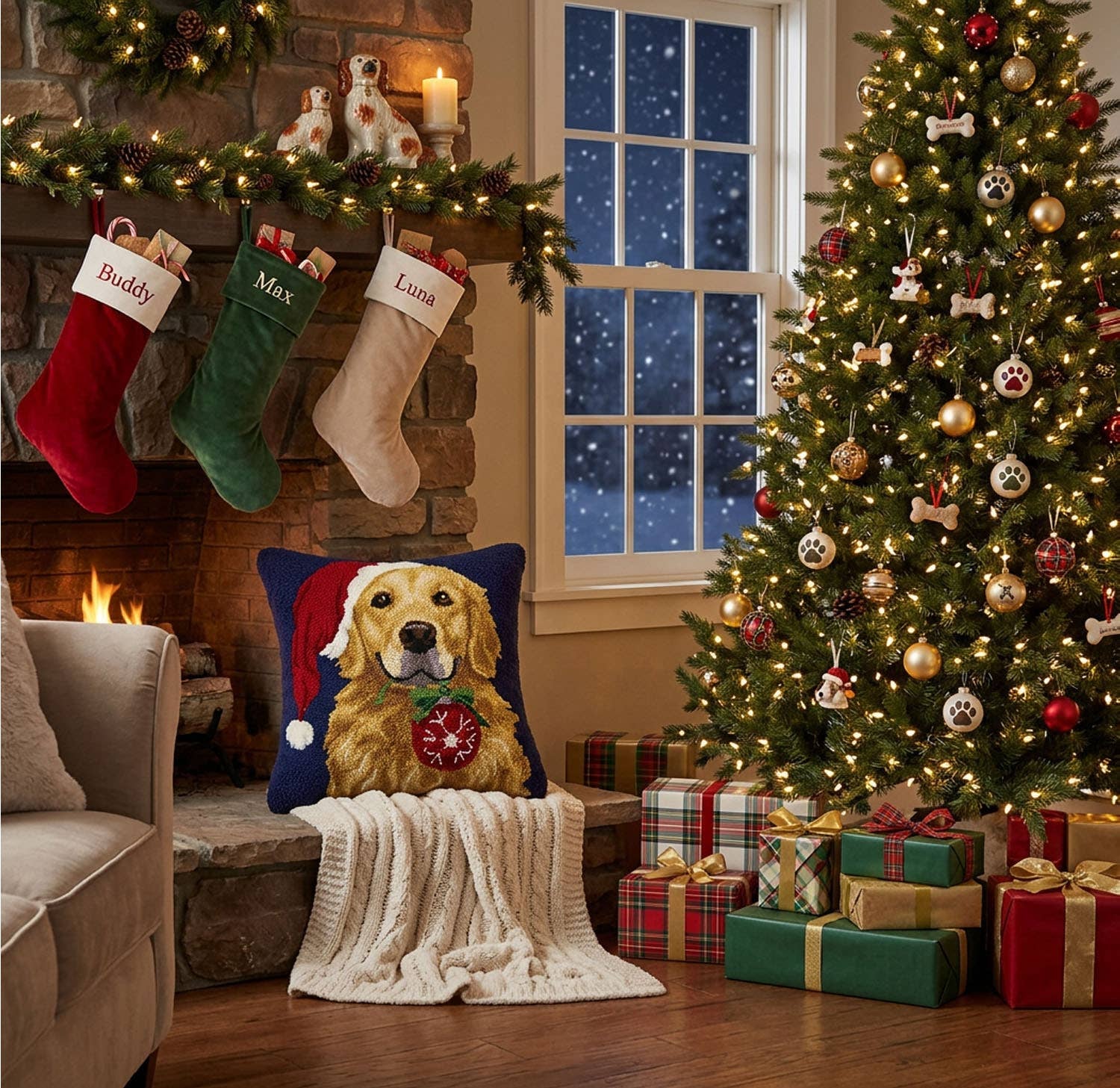 Navy Retriever With Ornament Hook Pillow