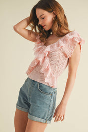 Pink Ruffle Knit Lace Top showing color: pink
