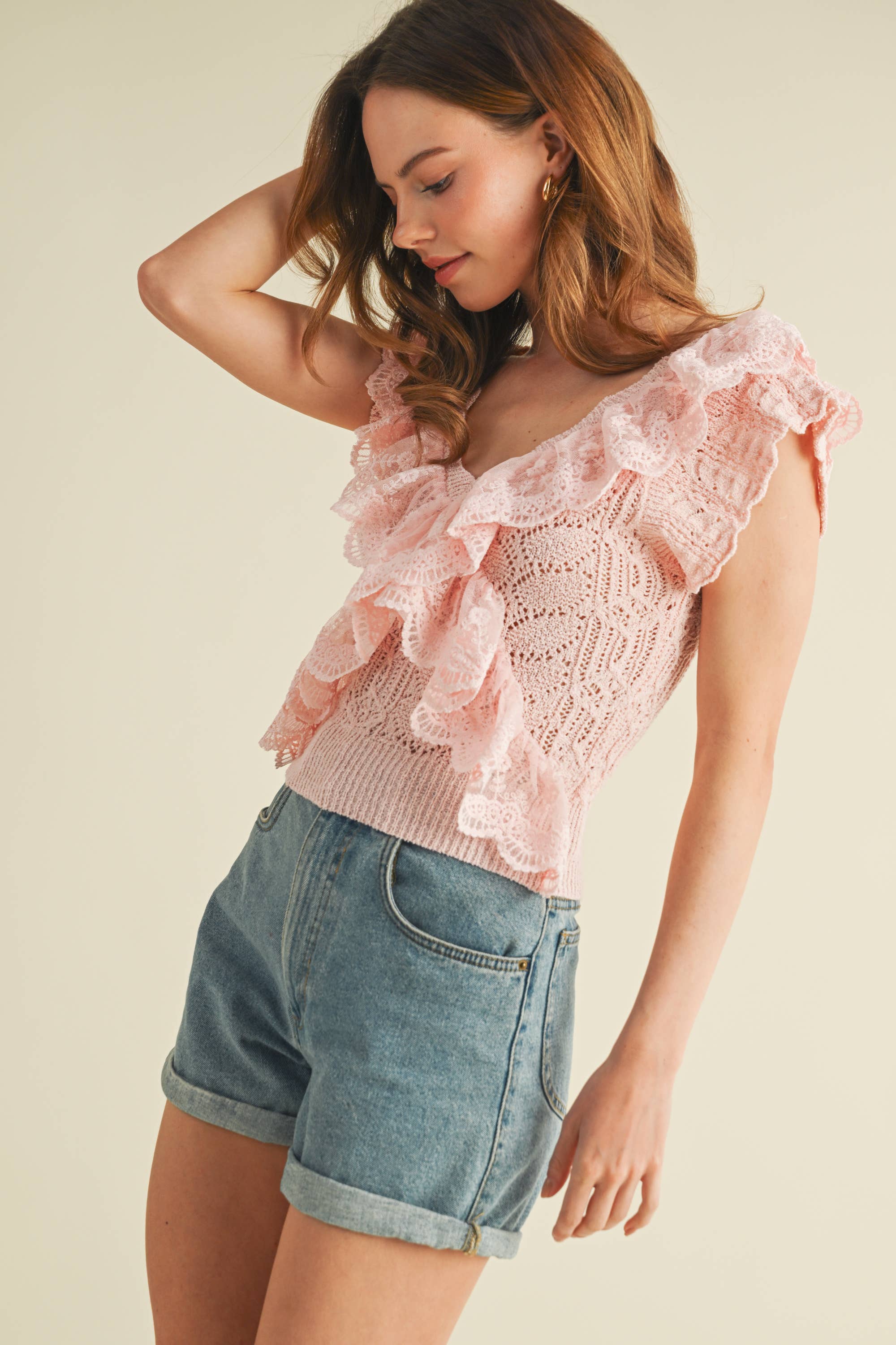 Pink Ruffle Knit Lace Top showing color: pink