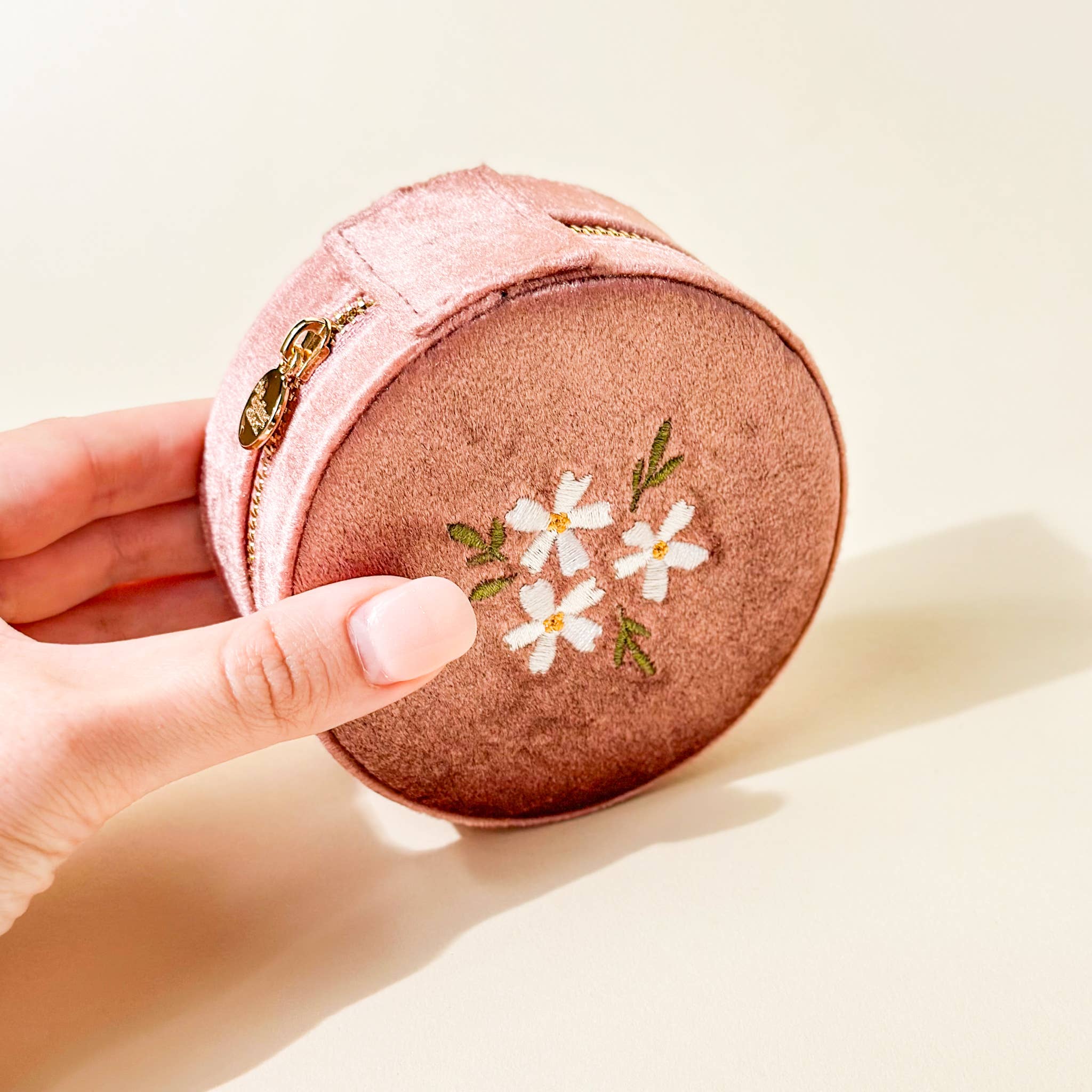 Pink Floral Round Velvet Jewelry Case