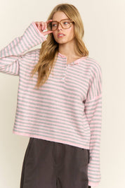 Pink Striped Henley Knit Sweater