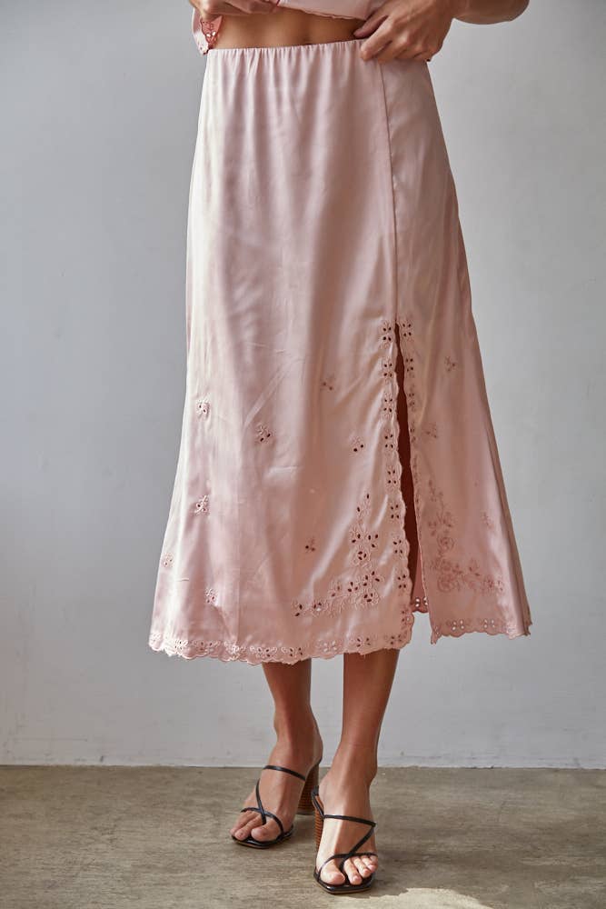 Pink Satin Embroidered Midi Skirt