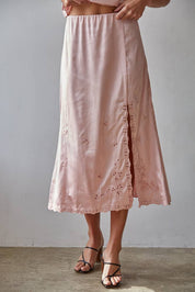 Pink Satin Embroidered Midi Skirt