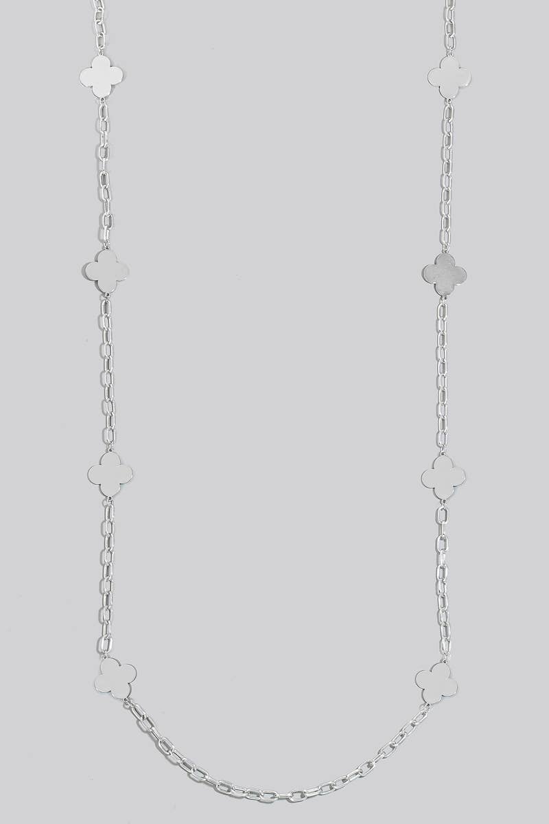 Flat Metallic Clover Station Charms Long Chain Necklace