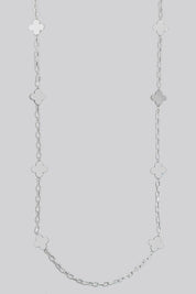 Flat Metallic Clover Station Charms Long Chain Necklace
