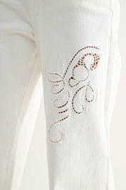 White Wide-Leg Trousers w/ Cutout