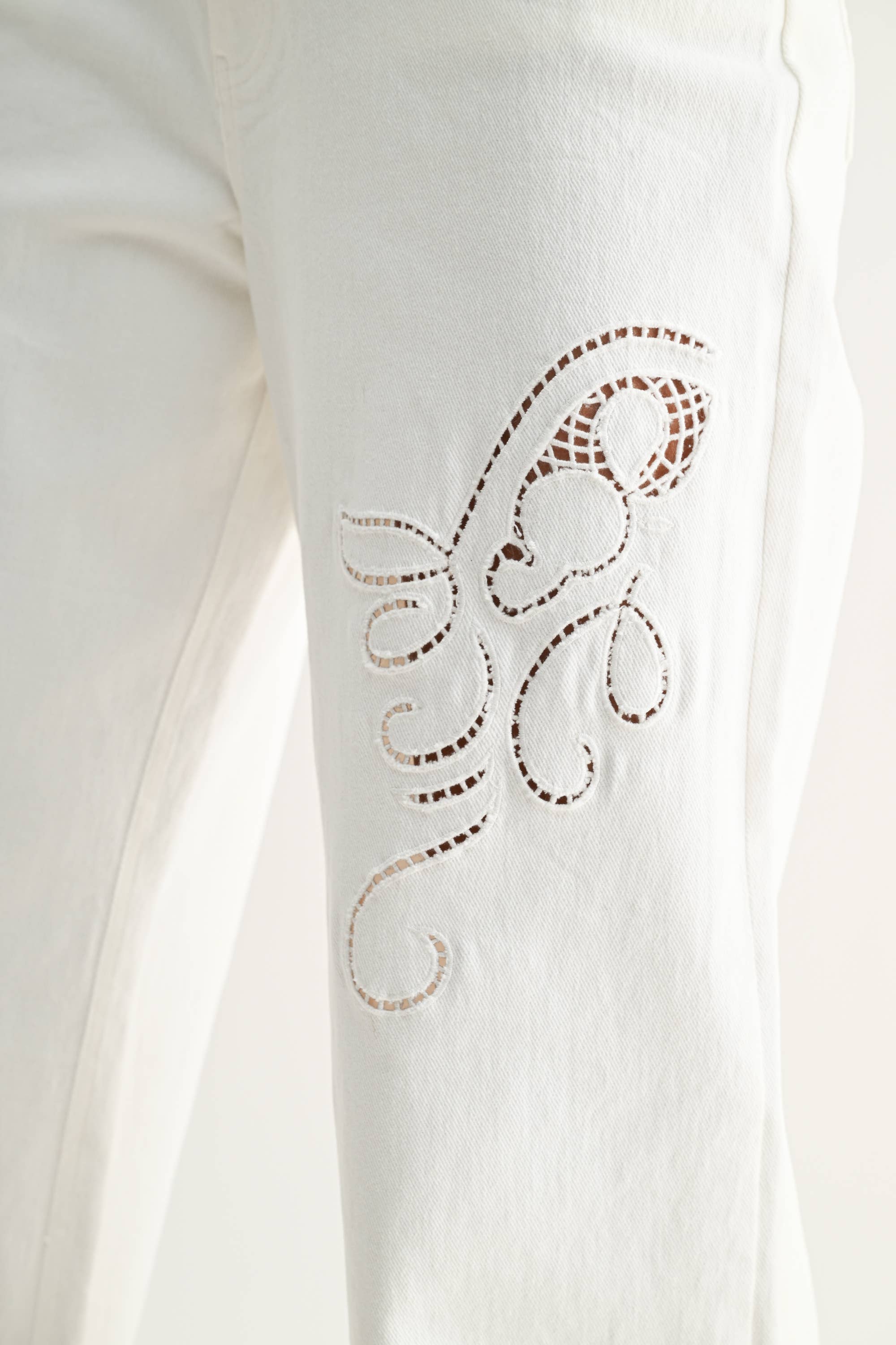 White Wide-Leg Trousers w/ Cutout