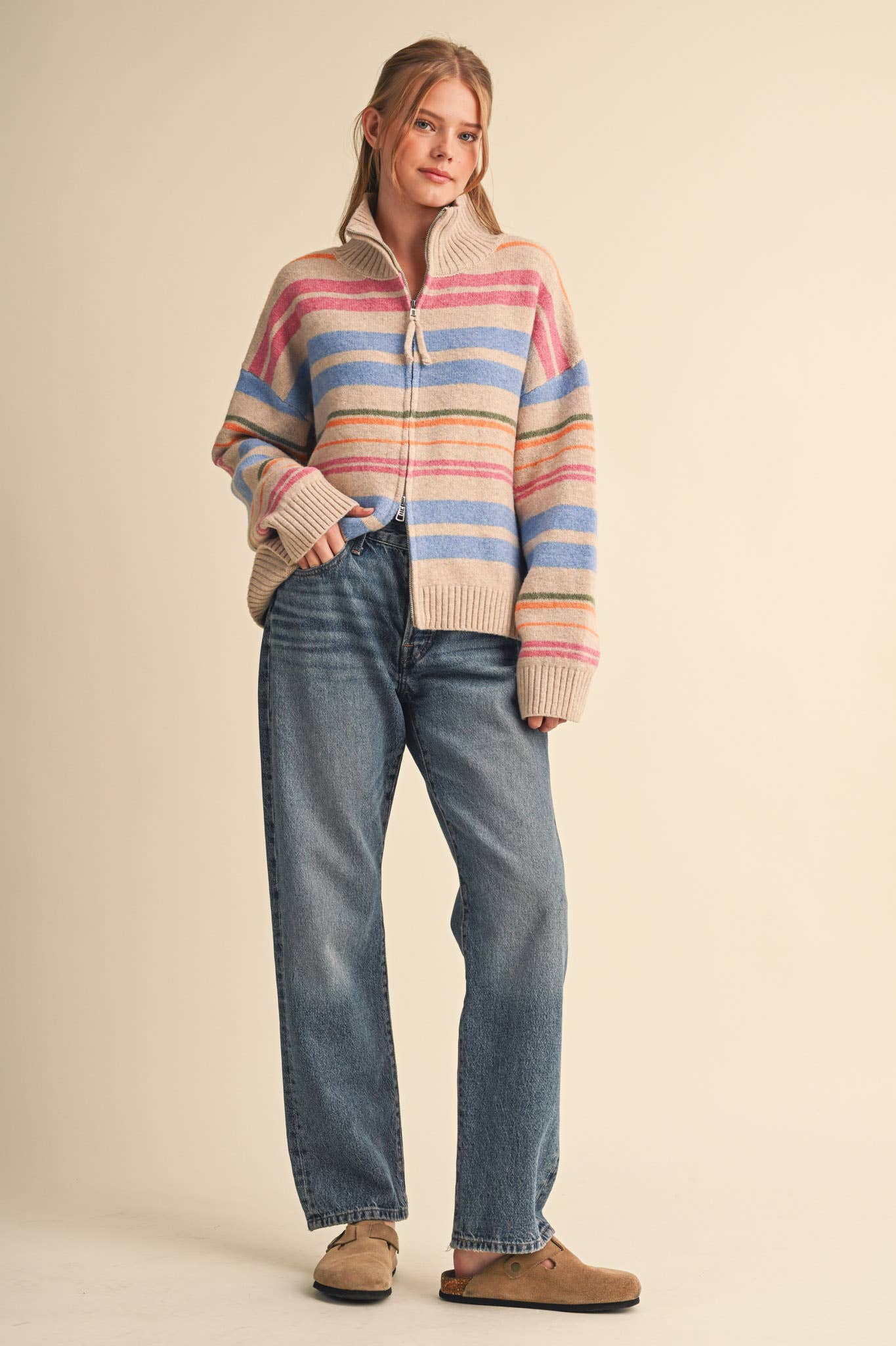 Cream Striped Mock Neck Zip Up Cardigan