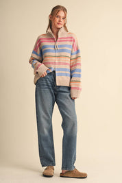 Cream Striped Mock Neck Zip Up Cardigan