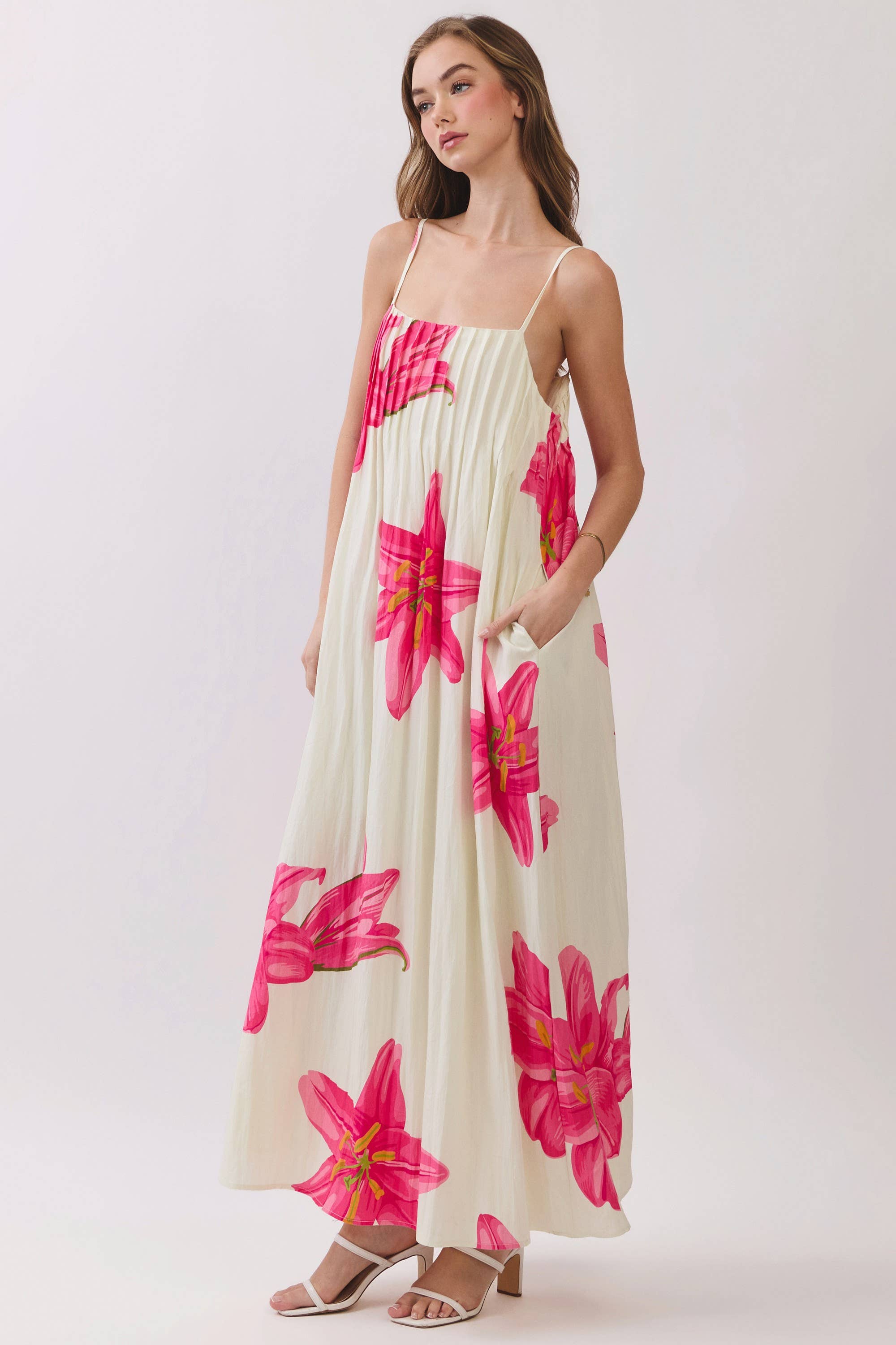 Cream & Pink Floral Maxi Dress