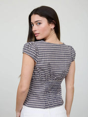 Navy Plaid Cinched Top