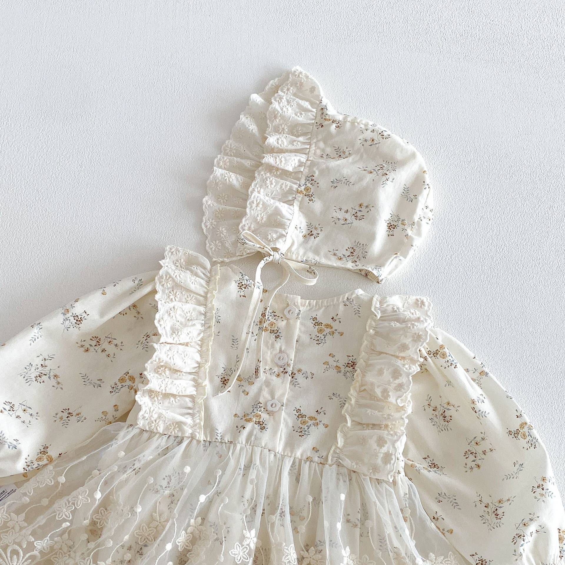 Ivory Floral Lace Baby Romper with Bonnet Set