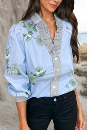 Blue Ruffled Floral Blouse