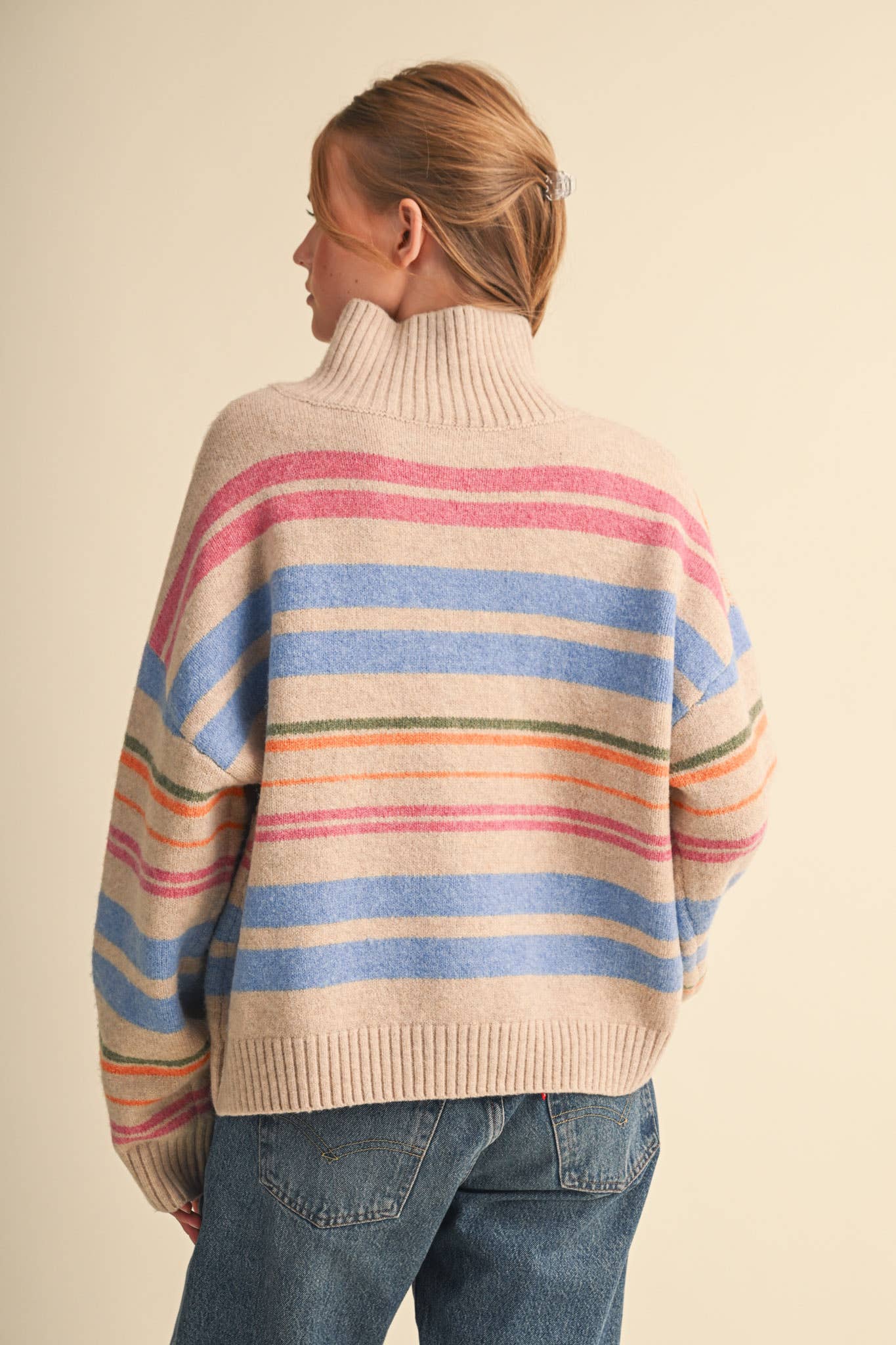Cream Striped Mock Neck Zip Up Cardigan