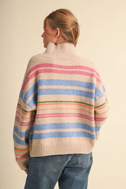 Cream Striped Mock Neck Zip Up Cardigan