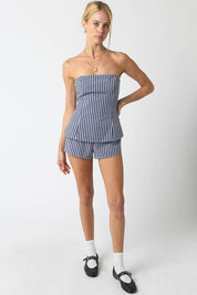 Blue Striped Peplum Top & Shorts Set