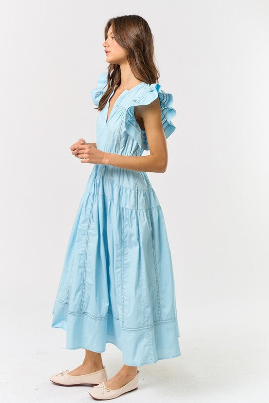 Blue Ruffle Sleeve Maxi Dress