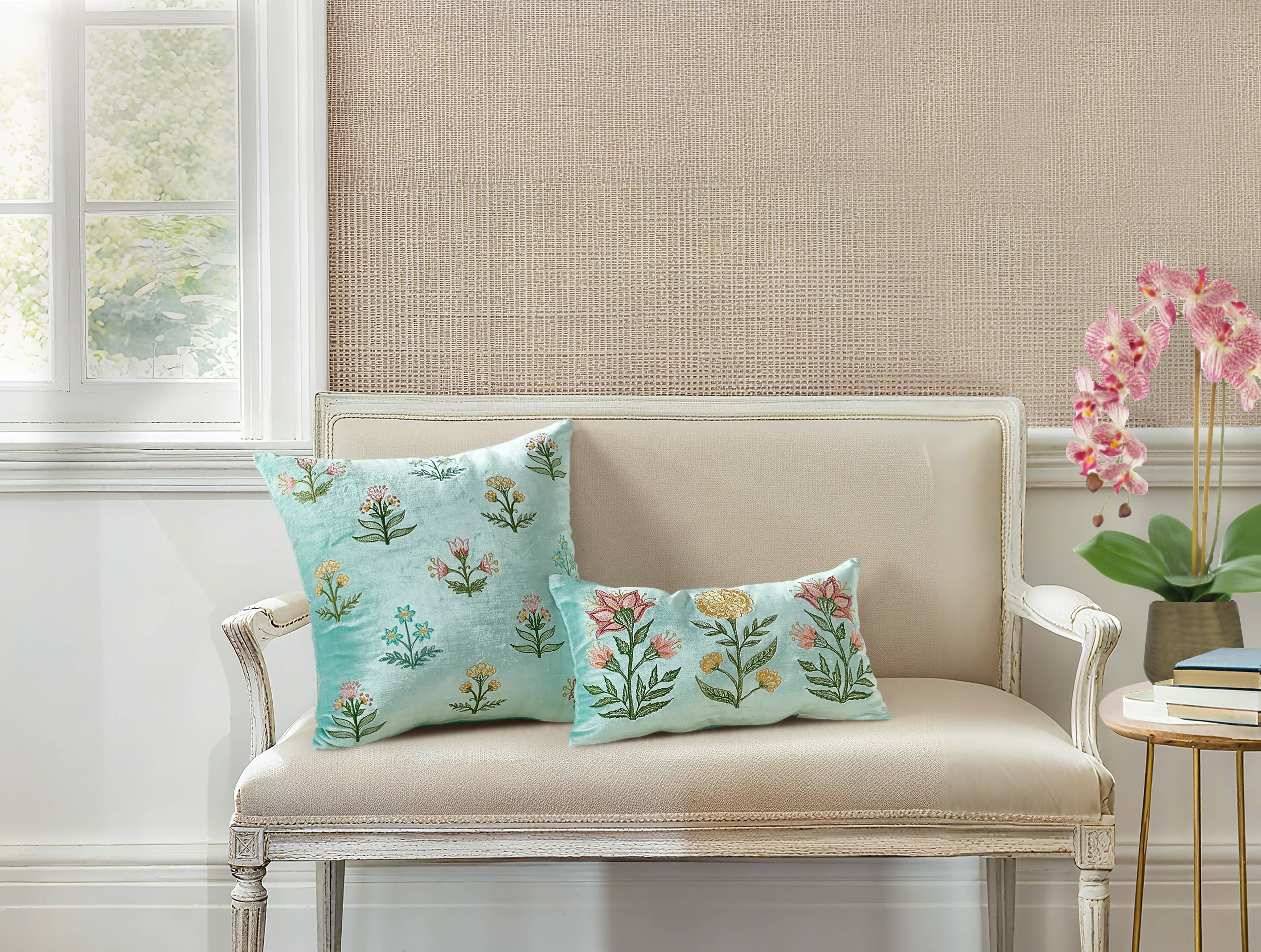 Blue Spring Mughal Square Embroidered Pillow